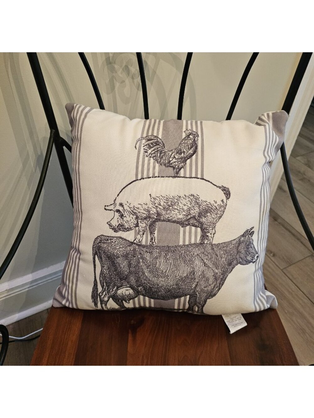 Hobby Lobby Sketched Farm Animal Pillow Cow Pig Chicken Gray Stripes Decor 18x18